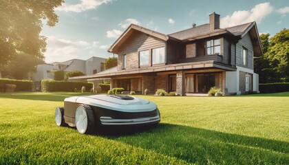  Automatic robotic lawn mower on a green lawn with modern house in background