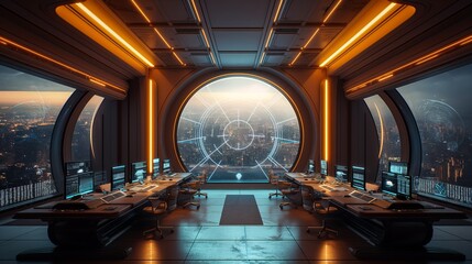 Virtual reality meeting space for global business leaders in a futuristic setting.