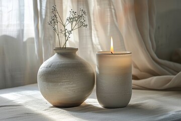 Fototapeta na wymiar White Vase and Candle on Table