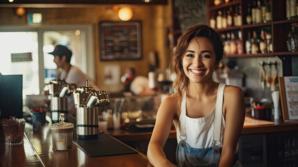 A laughing beautiful woman sits at the bar counter while waiting for her drink.