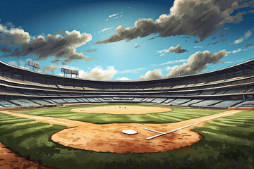 A sunny baseball landscape, imbued with a vintage vibe due to its grunge look. - obrazy, fototapety, plakaty