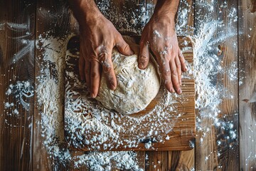 View of a man's hands kneading bread dough on a wooden board.