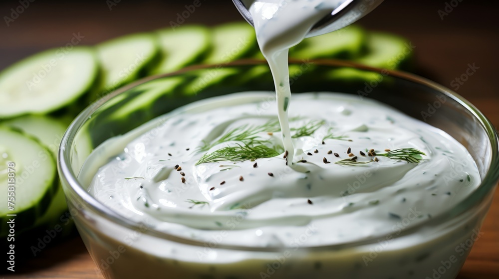 Poster a cucumber slice making a refreshing splash in a tzatziki dip