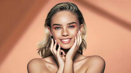 Beautiful blonde woman with healthy skin looks at the camera and touches her face with her hands. natural makeup of a young beautiful model on a studio background with copy space. cosmetic concept