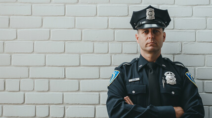 Homem Policial isolado e ao fundo uma parede  de tijolos branca - obrazy, fototapety, plakaty