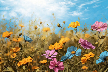 Fototapeta na wymiar Spontaneous flowers stand under a bright blue sky.