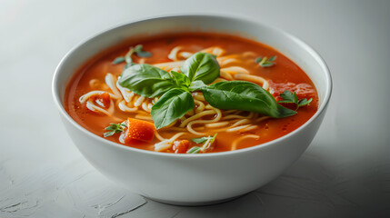Fresh basil tomato soup with noodles - obrazy, fototapety, plakaty