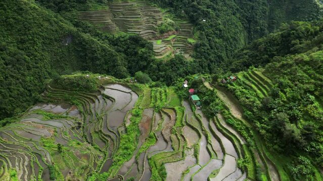 Aerial view of picturesque Batad Rice Terraces in Ifugao Province, Luzon Island, Philippines, 4k
