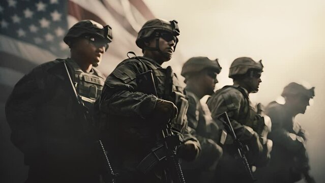 The USA army soldier with nation flag on the background. Greeting card for Veterans Day, Memorial Day, Independence Day. America celebration