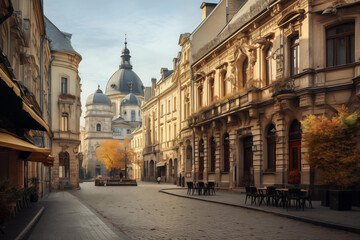 Fototapeta na wymiar Architectural marvels of Lviv Ukrainian city with cobblestone streets. Generative AI