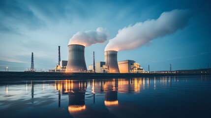 Obraz premium A nuclear power plant at night with lights shining