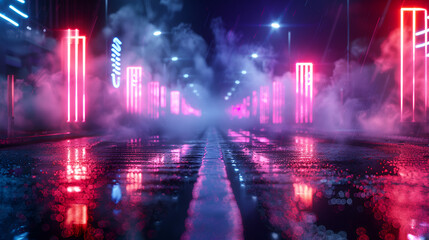 Fototapeta na wymiar 3d rendering old wet asphalt neon lights street with smoke on black background. generative ai 