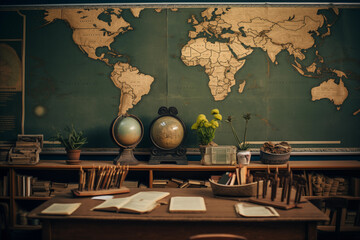 Geography class with chalkboard, books and globe. Generative AI