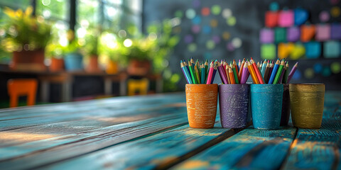 Kindergarten or nursery school creative background for website. Crayons art decoration, copy space...