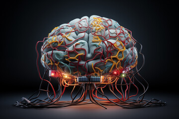 Human brain with many connected cables and wires. Generative AI - 755816877