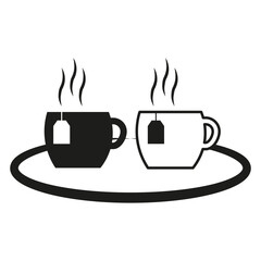 Black and White Tea Cups with Steam on Saucer Icon. Vector illustration. EPS 10.