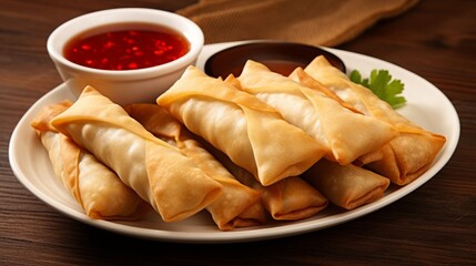 A plate of savory and crispy spring rolls with dipping sauce
