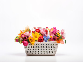 Basket full of various flowers on a white background.