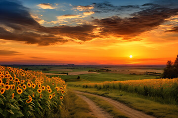 Serene Ukrainian countryside with sunflowers scene. Generative AI