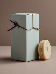 Product packaging, A rectangular light blue box tied with a brown cord is next to a bar of soap
