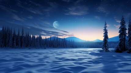 A snow covered landscape under a full moon