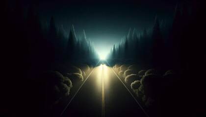 Solitary Journey: A Lone Car's Light in Nighttime Forest created with Generative AI Technology