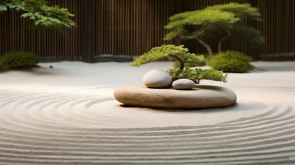 Zelfklevend Fotobehang A tranquil zen garden with raked sand and stones © Cloudyew