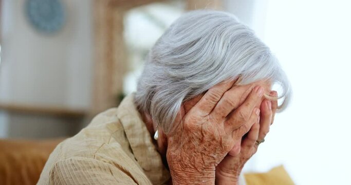 Stress, fear and senior woman in a nursing home with headache, worry or overthinking mistake. Anxiety, profile and elderly female person with retirement concern, crisis or mental health disaster