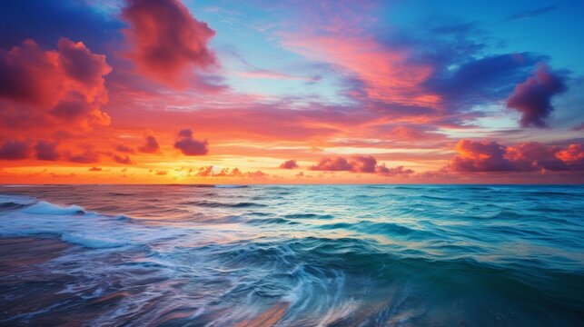 A vibrant rainbow-colored sunset over the ocean