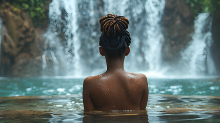 an african american lady with braids hairstyle feeling the water of a beautiful water fall