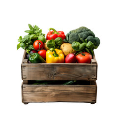 wooden box with full of vegetables and fruits isolated on transparent background Generative Ai
