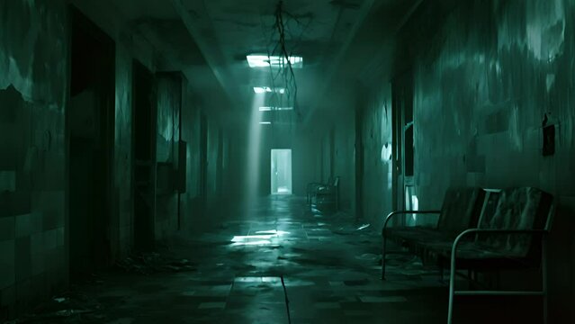 Halloween concept, scary abandoned hospital. Camera zoom in. 