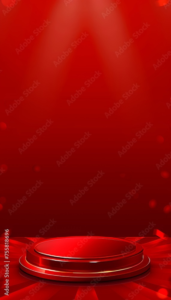 Poster red podium with spotlight on stage, empty product display stand on abstract scene background