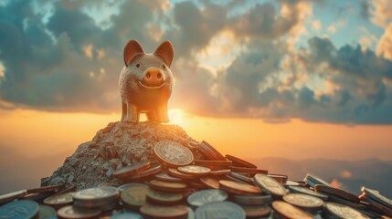 A piggy bank hiking up a mountain of coins, representing the journey of wealth accumulation and financial success - obrazy, fototapety, plakaty
