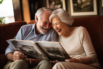 Mature couple reminiscing over old photo albums together. Generative AI