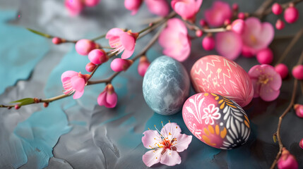 Painted Easter eggs and willow branches on blue background.  Banner.  Card with space for text