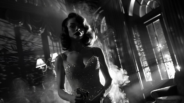 A film noir-inspired image of a woman in a elegant dress, holding a smoking gun and standing in a dimly-lit room.  generative ai 