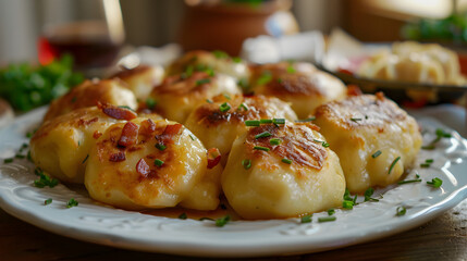Golden brown pierogi with toppings