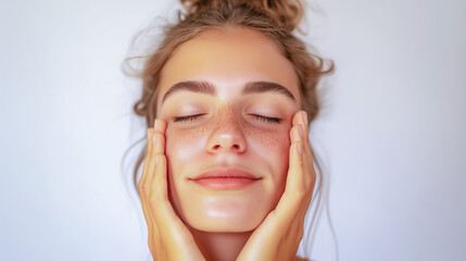 Young woman doing face building, facial gymnastics, self massage and rejuvenating exercises