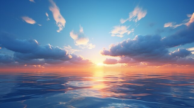 Clouds in the morning sky over the sea background pattern. Sunset or sunrise wallpaper. Decorative horizontal banner. Digital artwork raster bitmap illustration. 