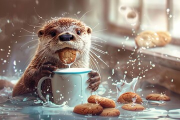 Fantasy Art ofA playful otter dunking cookies in a cup of milk. - obrazy, fototapety, plakaty