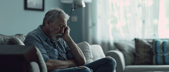 Elderly man in deep thought, sitting alone in a dimly lit room. - obrazy, fototapety, plakaty