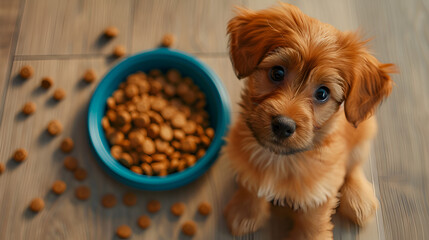 A little puppy gazes thoughtfully at a blue bowl brimming with dog food, scattered on a light wooden floor. generative ai 