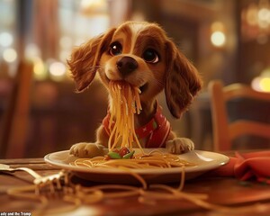 hyper realistic of A playful puppy trying to eat spaghetti like in the famous scene from 