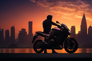 Silhouette of motorbike against city skyline at sunset. Generative AI
