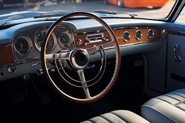 Zelfklevend Fotobehang Steering wheel and cabin interior of stylish vintage car. Generative AI © Nomad_Soul
