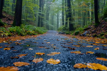 Road Through Forest Covered With Leaves