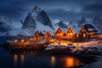 Night scene of wooden houses against snow-covered mountains ridge. Generative AI - obrazy, fototapety, plakaty
