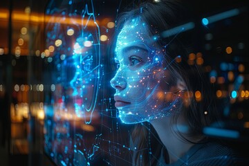 woman and an artifical intelligence figure represented by a blue light hologram