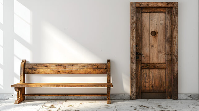beautiful wooden door with old wood bench white background.  generative ai 